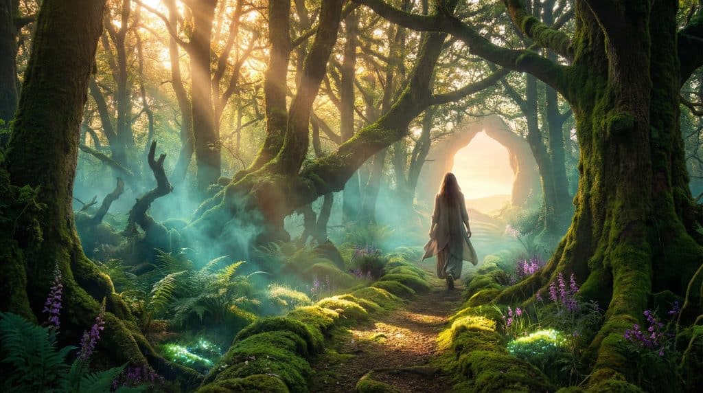 Chemin lumineux symbolisant la transformation spirituelle intérieure