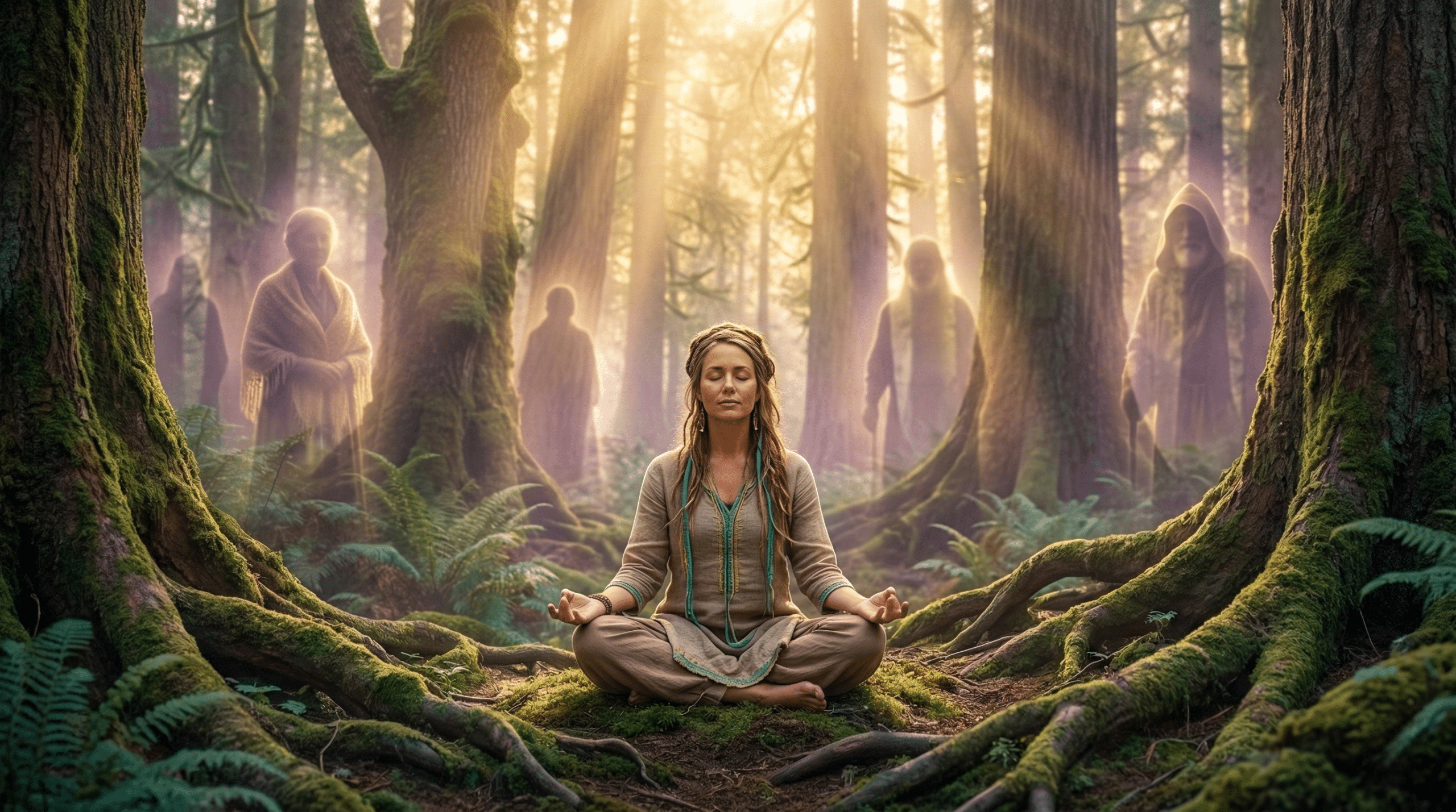 guérir ses blessures transgénérationnelles - femme méditant entourée d'arbres symbolisant l'arbre généalogique