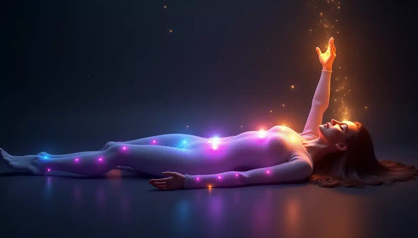 Corps énergétique humain allongé avec les chakras illuminés et des bras levés laissant s'écouler l'énergie depuis les paumes ouvertes, représentation visuelle du système des chakras activé pendant le sommeil