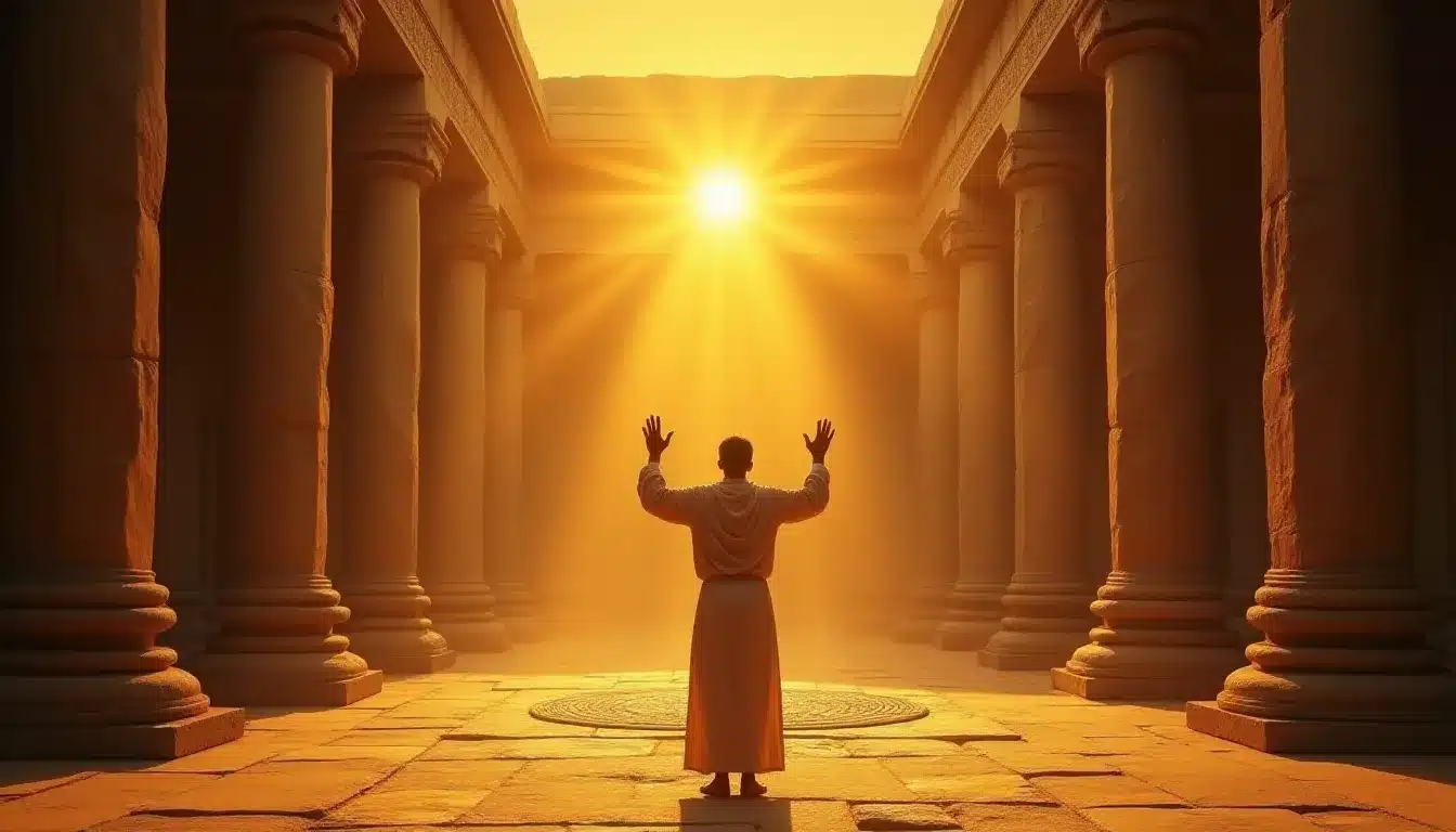 Figure spirituelle debout bras levés vers le ciel dans une cour de temple antique baignée de lumière dorée au lever du soleil, évoquant l'universalité du geste des bras levés dans les grandes traditions spirituelles du monde