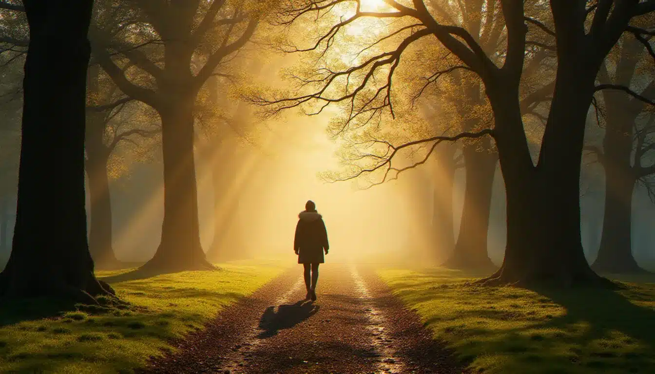 Personne cheminant seule sur un sentier forestier au petit matin dans la brume, évoquant le renouveau spirituel et la quête de sens intérieur propre à l'accompagnement spirituel catholique contemporain
