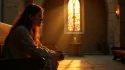 Femme en prière contemplative dans une chapelle baignée de lumière dorée, illustrant la profondeur de l'accompagnement spirituel catholique dans un espace de recueillement sacré