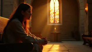 Femme en prière contemplative dans une chapelle baignée de lumière dorée, illustrant la profondeur de l'accompagnement spirituel catholique dans un espace de recueillement sacré