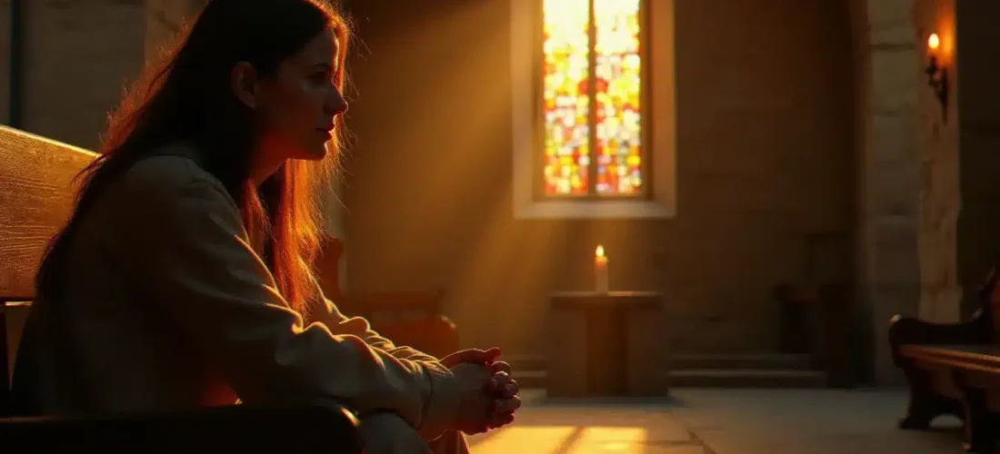 Femme en prière contemplative dans une chapelle baignée de lumière dorée, illustrant la profondeur de l'accompagnement spirituel catholique dans un espace de recueillement sacré