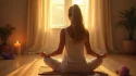 Femme en méditation profonde dans un espace dédié à l'accompagnement spirituel, entourée de cristaux et de lumière naturelle dorée