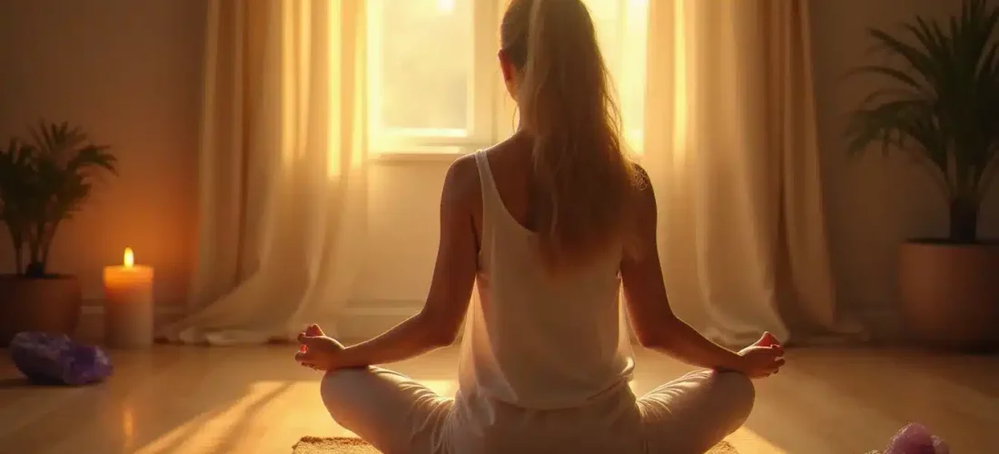 Femme en méditation profonde dans un espace dédié à l'accompagnement spirituel, entourée de cristaux et de lumière naturelle dorée