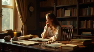 Femme concentrée consultant des livres anciens et un journal personnel à la lumière d'une bougie, illustrant la recherche d'autorité en sciences de l'information appliquée à la quête spirituelle