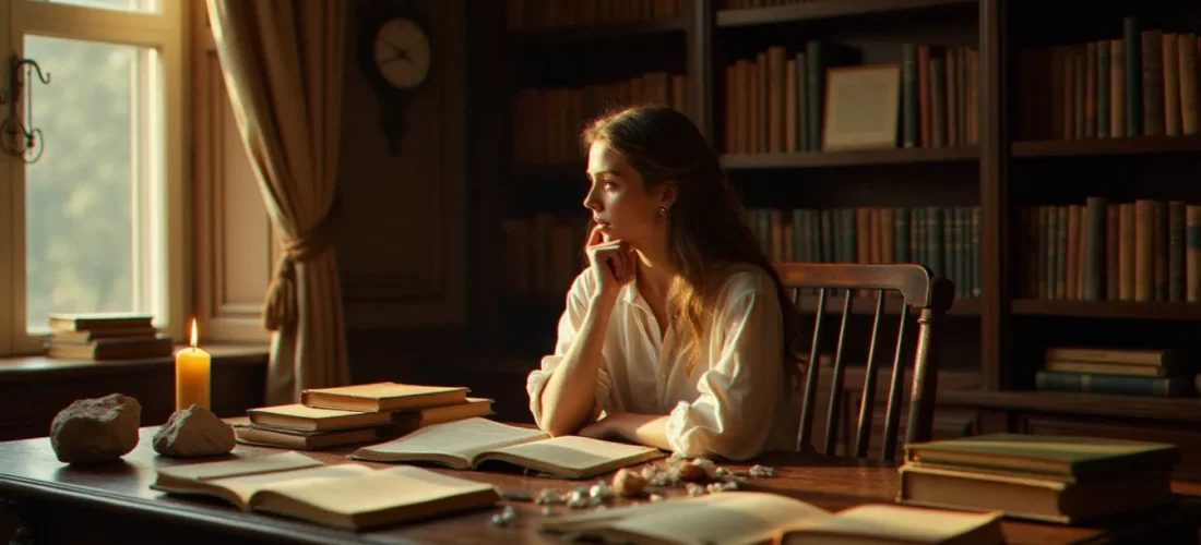Femme concentrée consultant des livres anciens et un journal personnel à la lumière d'une bougie, illustrant la recherche d'autorité en sciences de l'information appliquée à la quête spirituelle
