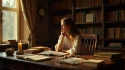 Femme concentrée consultant des livres anciens et un journal personnel à la lumière d'une bougie, illustrant la recherche d'autorité en sciences de l'information appliquée à la quête spirituelle