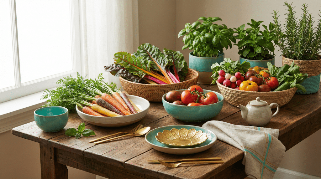 Nutrition holistique représentée par des légumes colorés et des herbes fraîches sur une table en bois naturel