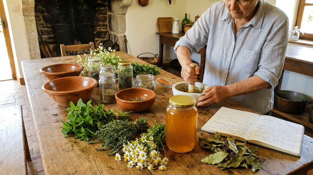préparation d'un remède ancestral naturel avec du miel et des plantes médicinales fraîches