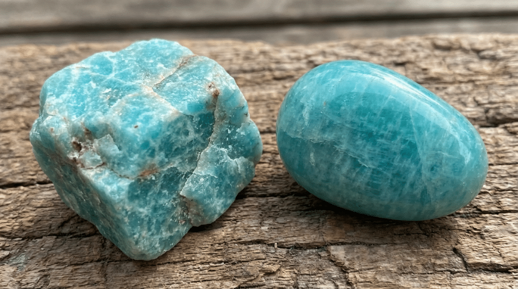 pierre amazonite brute et polie montrant sa couleur turquoise caractéristique