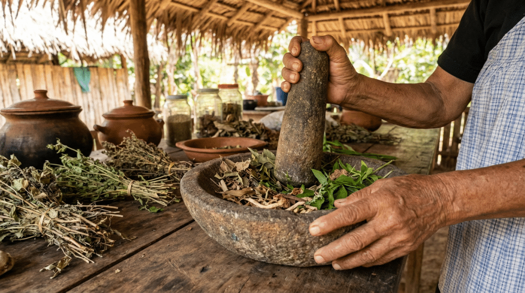 remède ancestral naturel préparé avec des plantes médicinales dans un mortier traditionnel