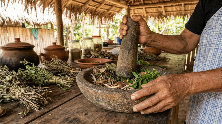 remède ancestral naturel préparé avec des plantes médicinales dans un mortier traditionnel
