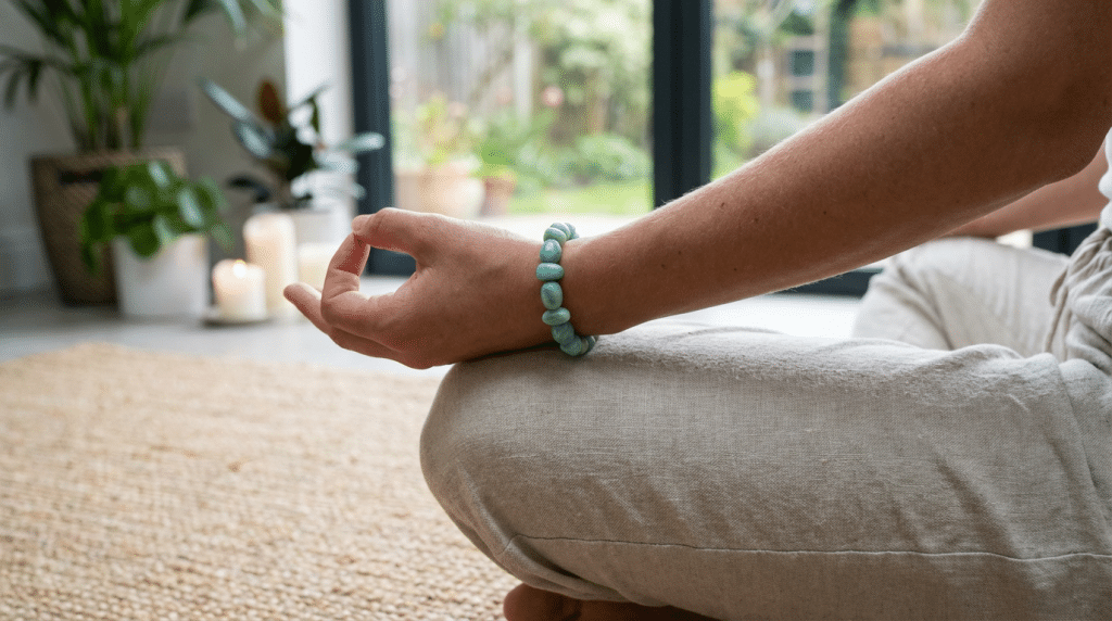 bracelet en amazonite porté pendant une séance de méditation pour la paix intérieure