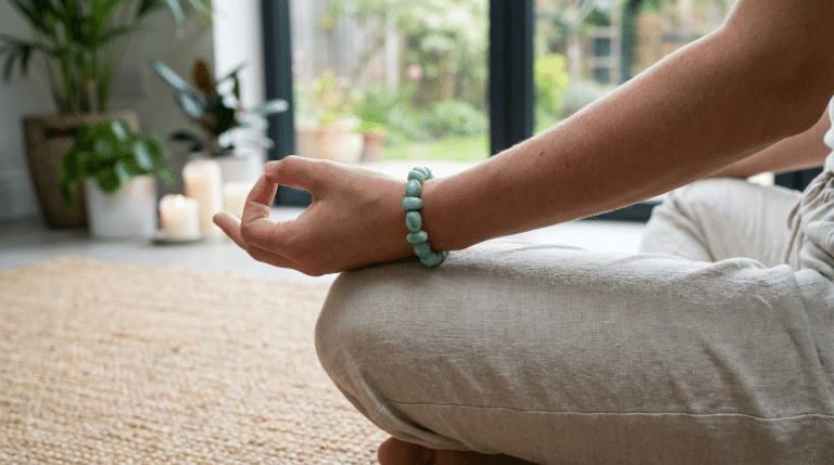 bracelet en amazonite porté pendant une séance de méditation pour la paix intérieure