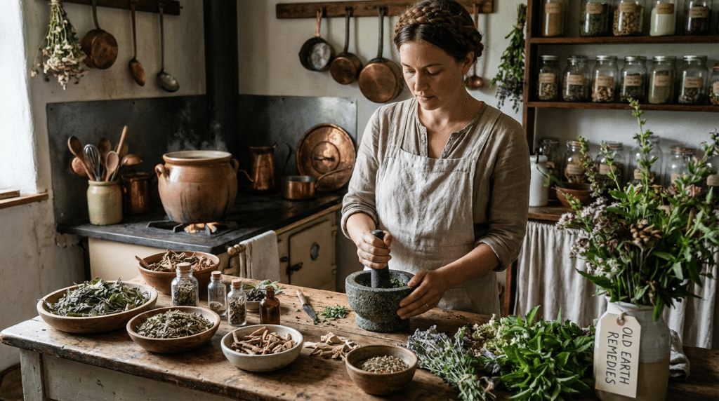 femme préparant un remède ancestral naturel dans sa cuisine avec des ingrédients frais