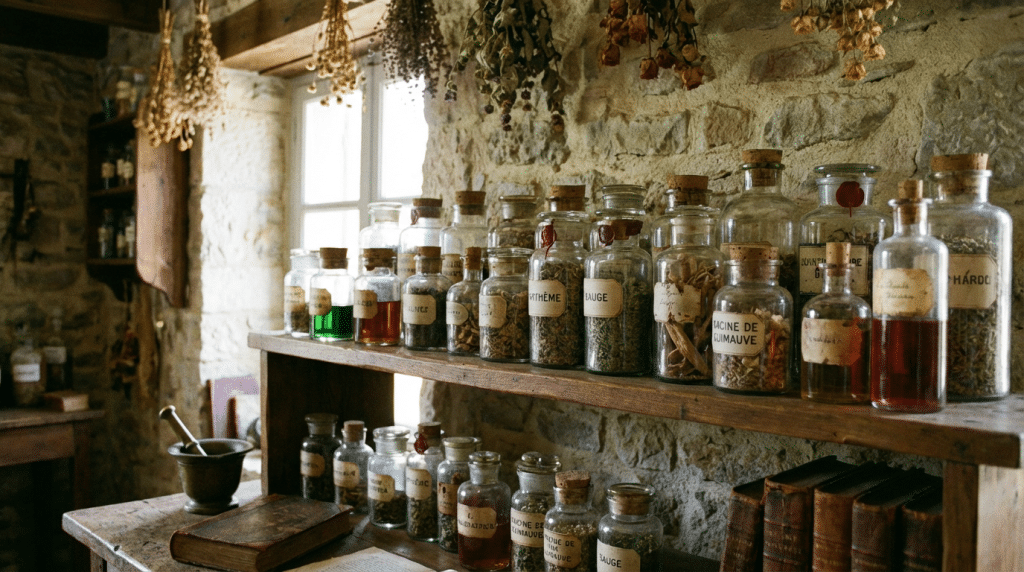 collection de remèdes ancestraux naturels conservés dans des bocaux traditionnels