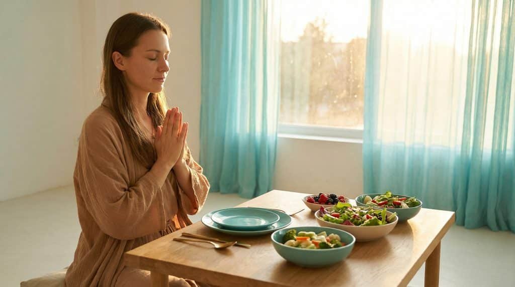 Manger en pleine conscience illustré par une personne pratiquant la gratitude avant un repas sain