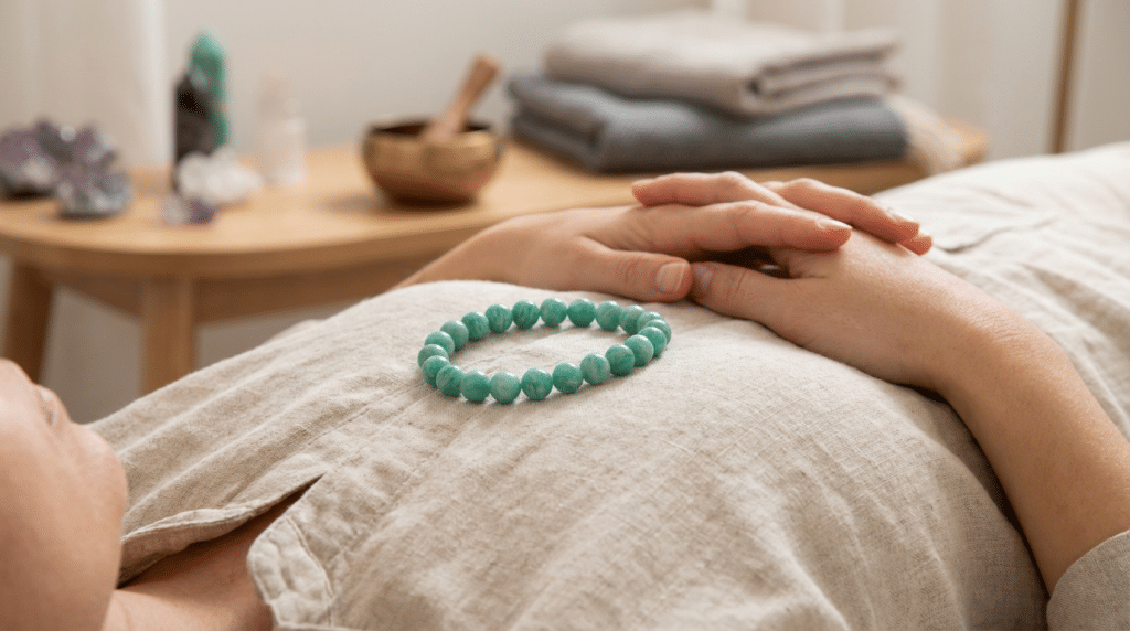 bracelet en amazonite placé sur le chakra du cœur pour un travail énergétique d'équilibrage