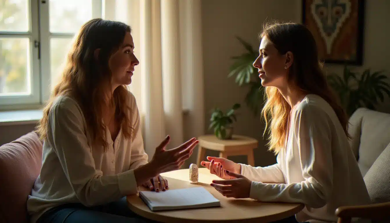 Séance d'accompagnement spirituel en cabinet entre une guide et sa cliente, dans un espace chaleureux et bienveillant propice à l'écoute profonde