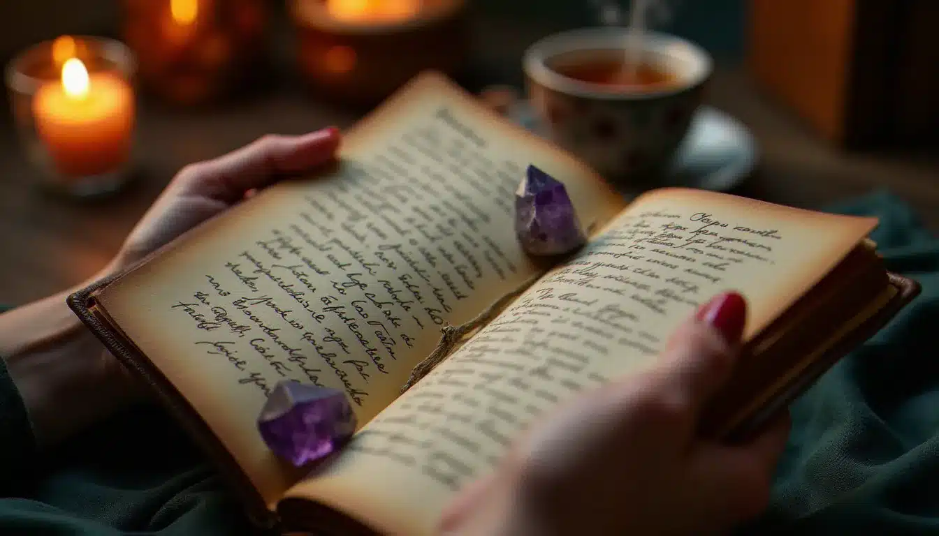 Journal de pratique spirituelle ouvert avec notes manuscrites et cristal d'améthyste, outils concrets utilisés dans un accompagnement spirituel personnel