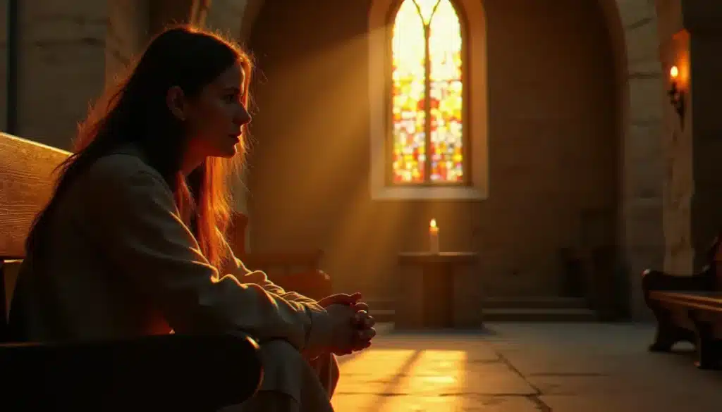 Femme en prière contemplative dans une chapelle baignée de lumière dorée, illustrant la profondeur de l'accompagnement spirituel catholique dans un espace de recueillement sacré