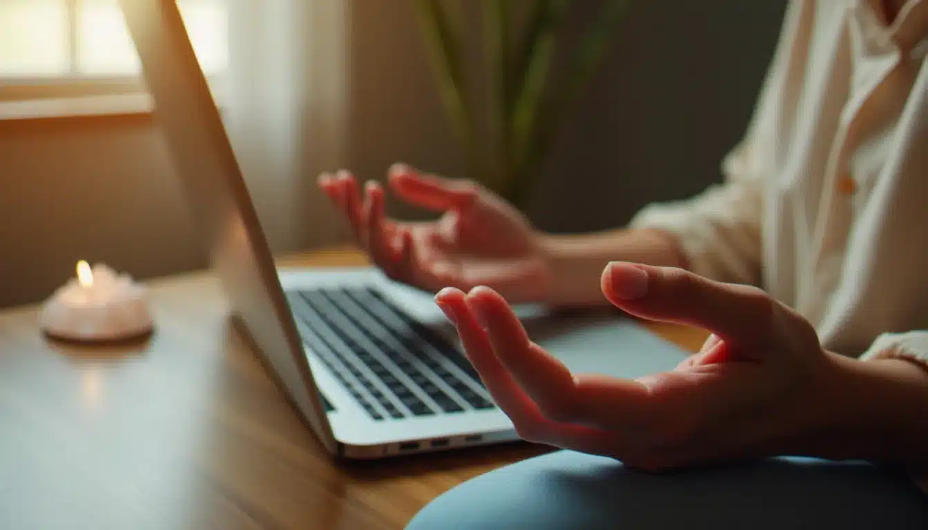 Mains ouvertes posées sur les genoux lors d'une séance de coaching spirituel à distance, avec un cristal et une bougie sur le bureau, ambiance douce et recueillie