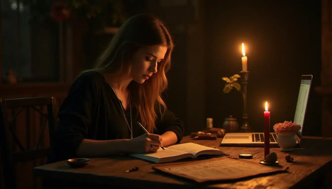 Femme écrivant dans un journal entourée de cartes numérologique et d'une bougie, dans une ambiance nocturne et méditative évoquant le travail de chemin de vie lors d'un accompagnement spirituel à distance