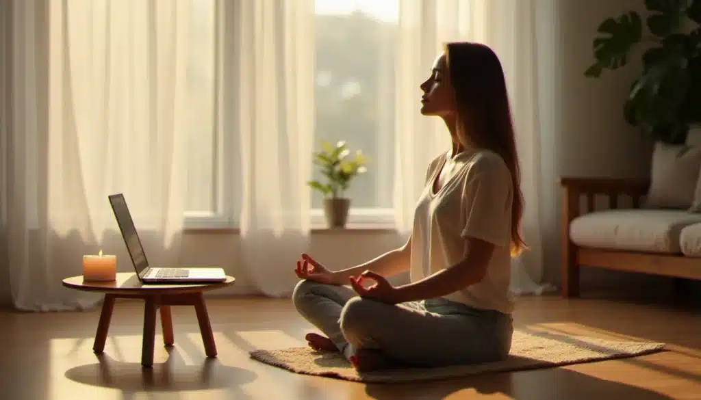 Femme en méditation assise devant un ordinateur ouvert dans un salon lumineux, illustrant une séance d'accompagnement spirituel en ligne dans un espace calme et apaisé