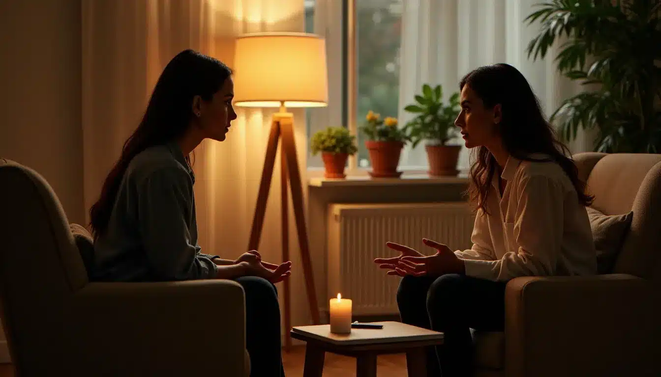 Séance d'accompagnement entre une coach thérapeute et sa cliente dans un cabinet chaleureux, moment de connexion profonde et d'écoute bienveillante