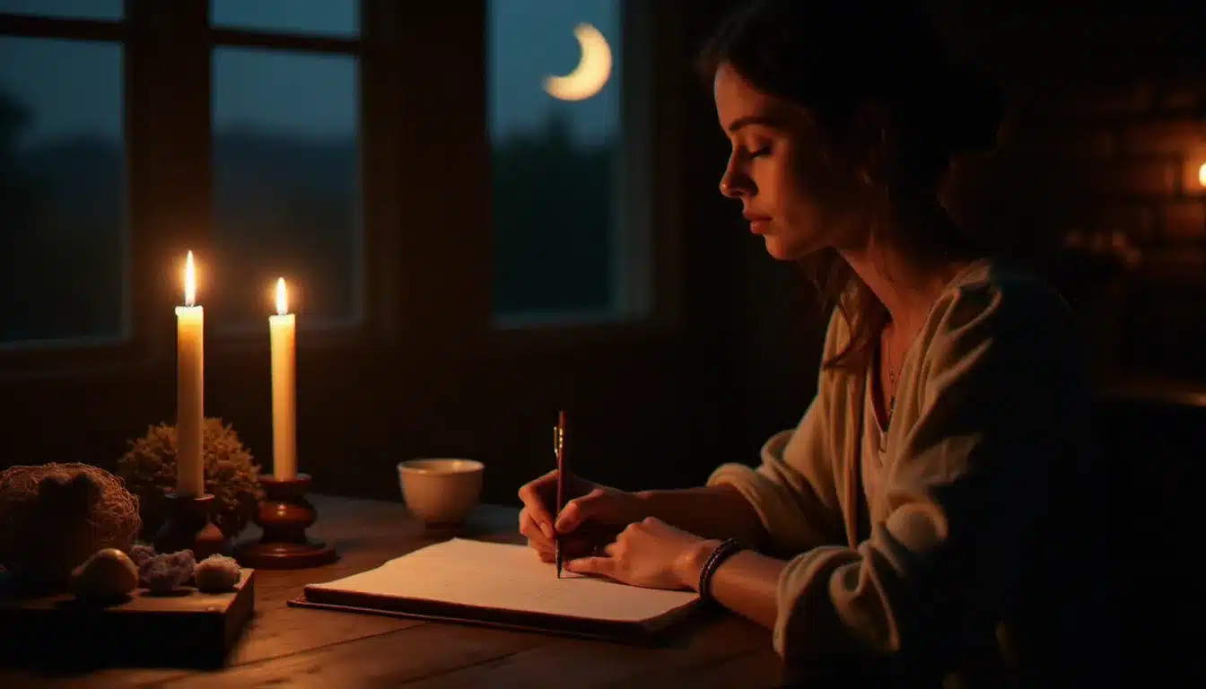 Femme écrivant dans un journal intime à la lueur de bougies lors d'un rituel de lune, pratique contemplative centrale dans l'accompagnement spirituel et psychologique