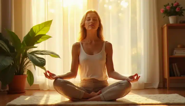 Femme en méditation dans un espace lumineux et serein baigné de lumière dorée, illustrant la reconnexion à soi au cœur de l'accompagnement spirituel et psychologique
