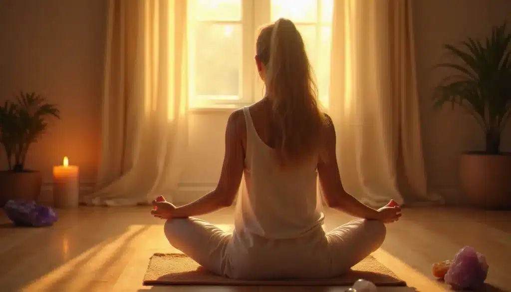 Femme en méditation profonde dans un espace dédié à l'accompagnement spirituel, entourée de cristaux et de lumière naturelle dorée