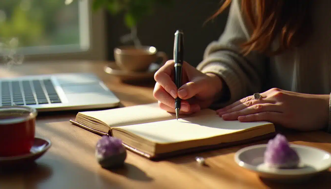 Mains d'une femme écrivant dans un journal de développement spirituel lors d'une formation en ligne, avec un cristal d'améthyste et une tisane sur un bureau en bois éclairé par la lumière naturelle du matin