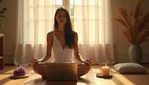 Femme en posture méditative devant son ordinateur pendant un accompagnement spirituel formation en ligne, entourée de cristaux et d'une bougie allumée dans une pièce baignée de lumière dorée