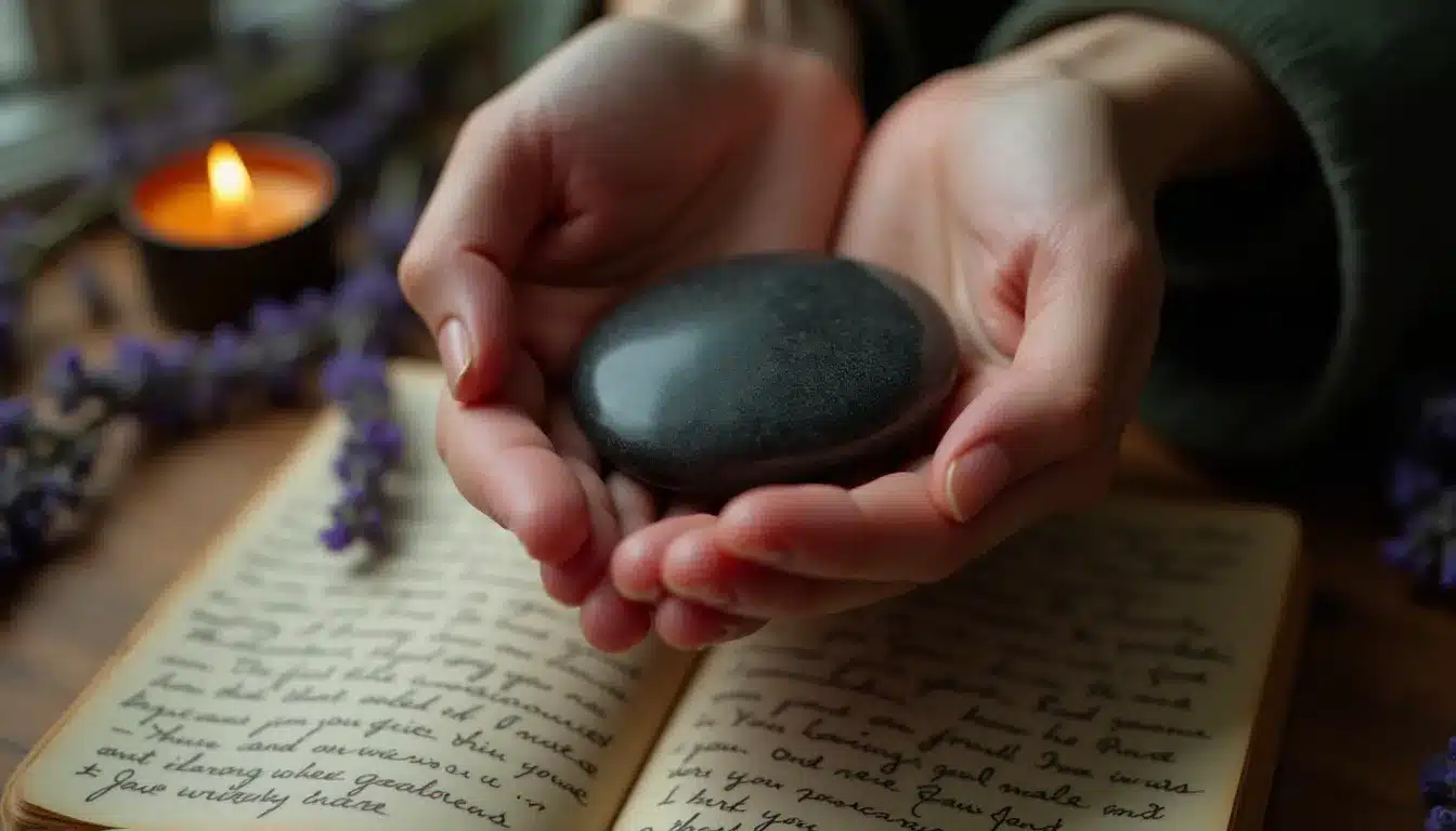 Mains tenant une pierre polie en symbole de discernement ignatien, avec journal de prière manuscrit et bougie, évoquant la pratique de l'examen de conscience dans l'accompagnement spirituel ignatien