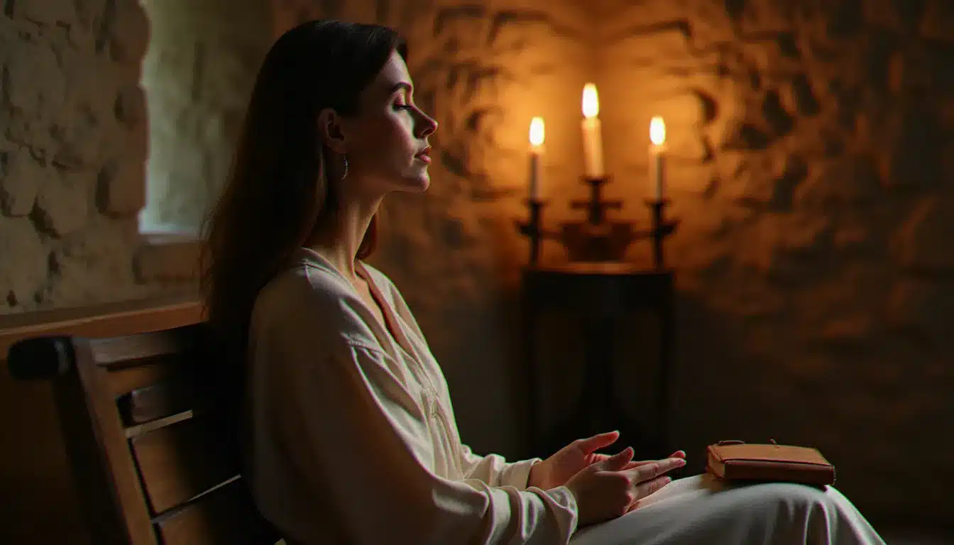 Femme en recueillement spirituel dans une chapelle ancienne éclairée à la bougie, illustrant la pratique de l'accompagnement spirituel ignatien comme voie de discernement intérieur