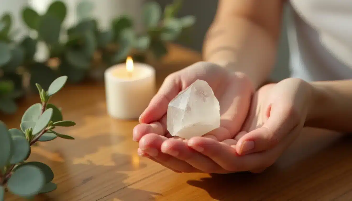 Mains ouvertes tenant un cristal de quartz lumineux, symbole des pratiques concrètes pour reconnaître et travailler son taux vibratoire