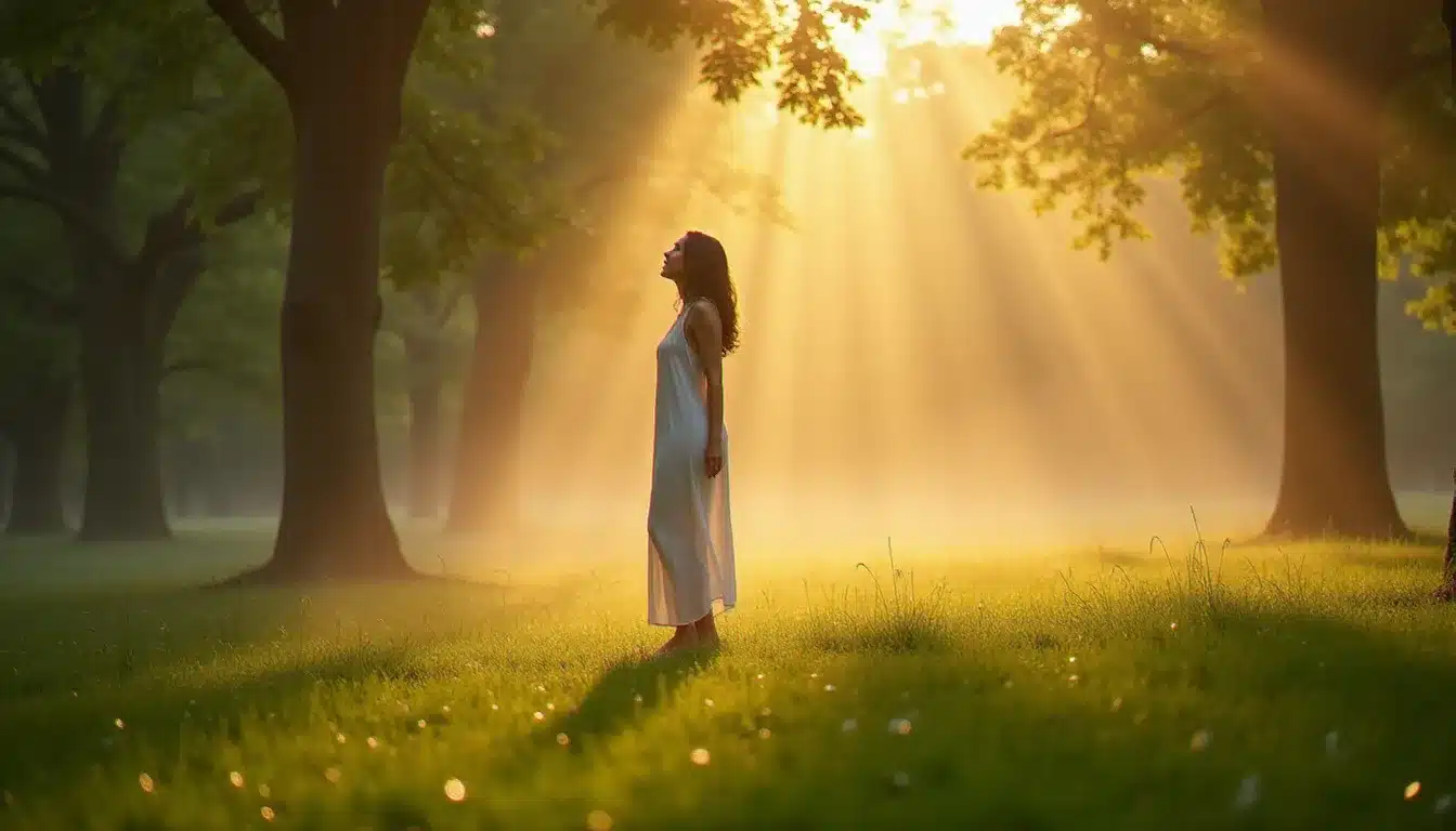 Femme debout pieds nus dans une clairière forestière brumeuse au lever du soleil, représentant la connexion à l'environnement naturel pour élever sa fréquence vibratoire