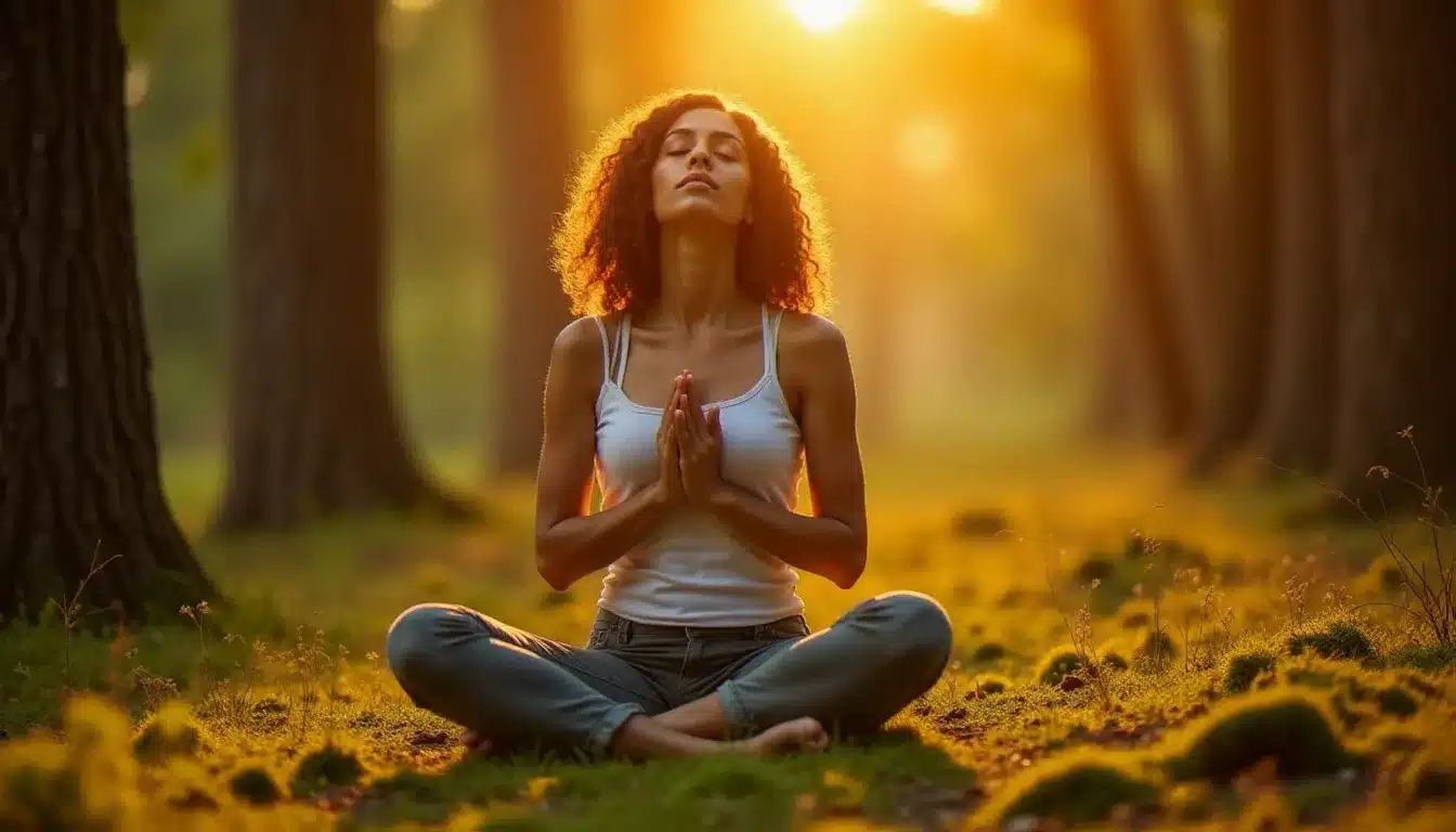Femme en méditation assise dans une forêt baignée de lumière dorée avec les mains posées sur le cœur, illustrant les manifestations physiques et émotionnelles de l'élévation vibratoire liée à l'augmentation vibratoire de la terre