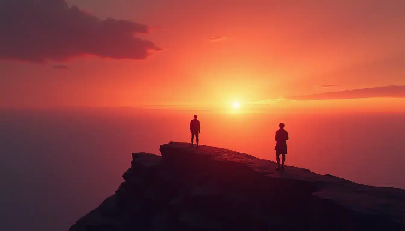 Deux silhouettes au coucher de soleil sur une falaise, l'une s'éloignant et l'autre immobile face au ciel, illustrant la transformation des liens relationnels lors d'une montée vibratoire en lien avec l'augmentation vibratoire de la terre