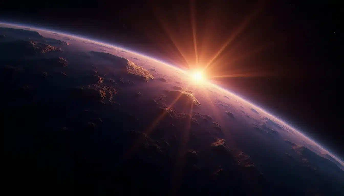 Vue de la Terre depuis l'espace au lever du soleil avec une lumière dorée et violette rayonnant de la surface, symbolisant l'augmentation vibratoire de la terre