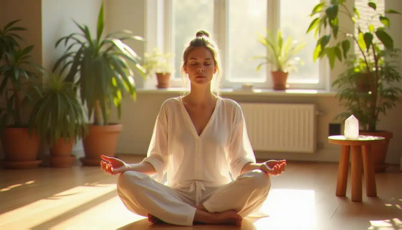 Femme en posture de méditation dans une pièce lumineuse et apaisante, illustrant une pratique d'augmentation vibratoire au quotidien