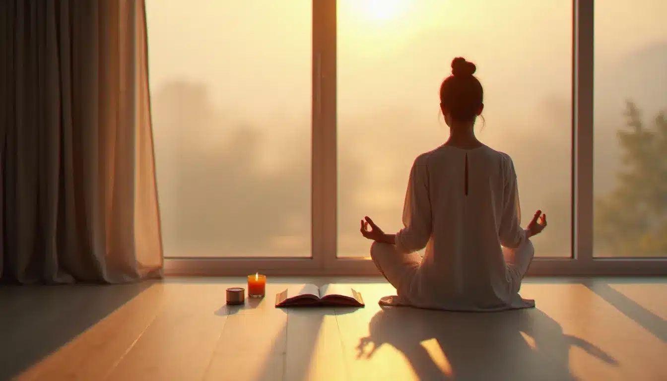Femme en méditation solitaire à l'aube avec un carnet ouvert à ses côtés, pratiquant le développement de son autorité intérieure dans un espace épuré loin de l'infobésité spirituelle