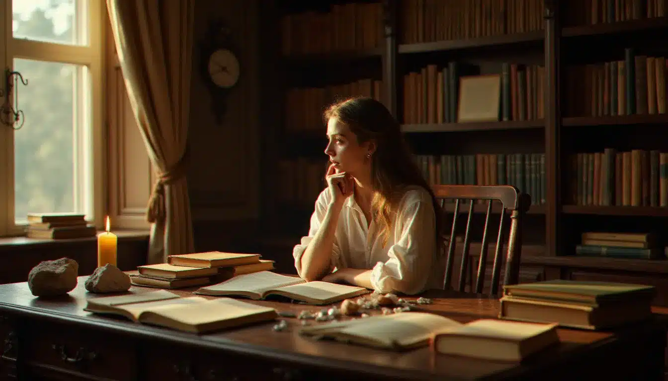 Femme concentrée consultant des livres anciens et un journal personnel à la lumière d'une bougie, illustrant la recherche d'autorité en sciences de l'information appliquée à la quête spirituelle