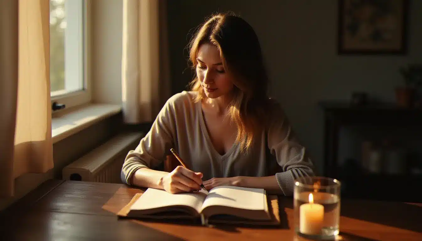 Femme tenant un journal vibratoire à la lumière d'une bougie, pratique d'introspection recommandée lors des symptômes de changement vibratoire