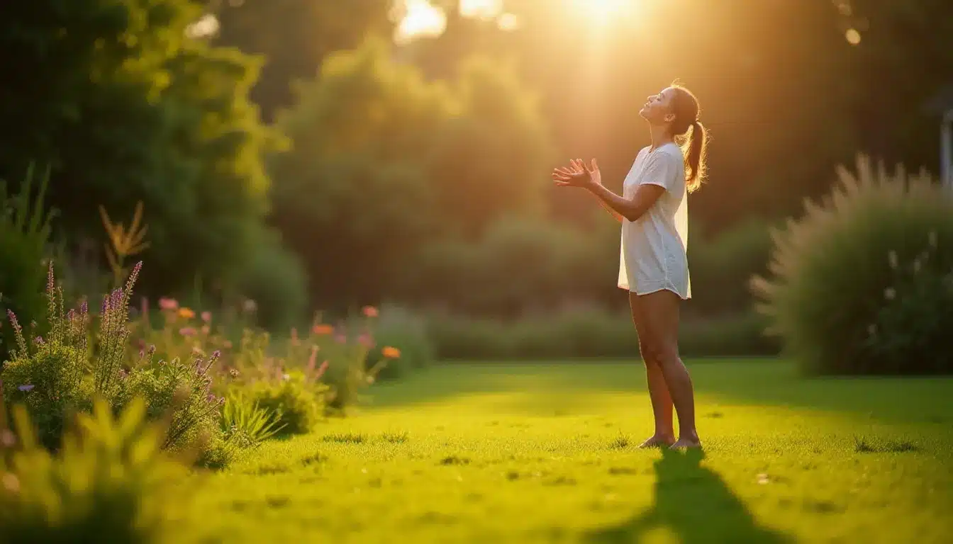 Femme pratiquant l'ancrage énergétique pieds nus dans un jardin au lever du jour, rituel de stabilisation recommandé lors d'un changement vibratoire intense