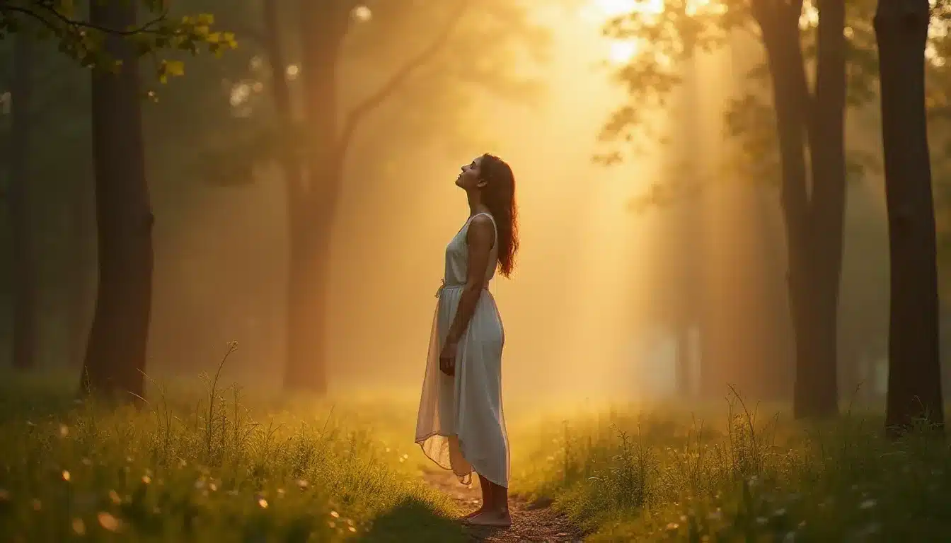 Femme en éveil spirituel dans une clairière forestière au lever du soleil, illustrant le changement vibratoire symptôme et la transformation intérieure profonde