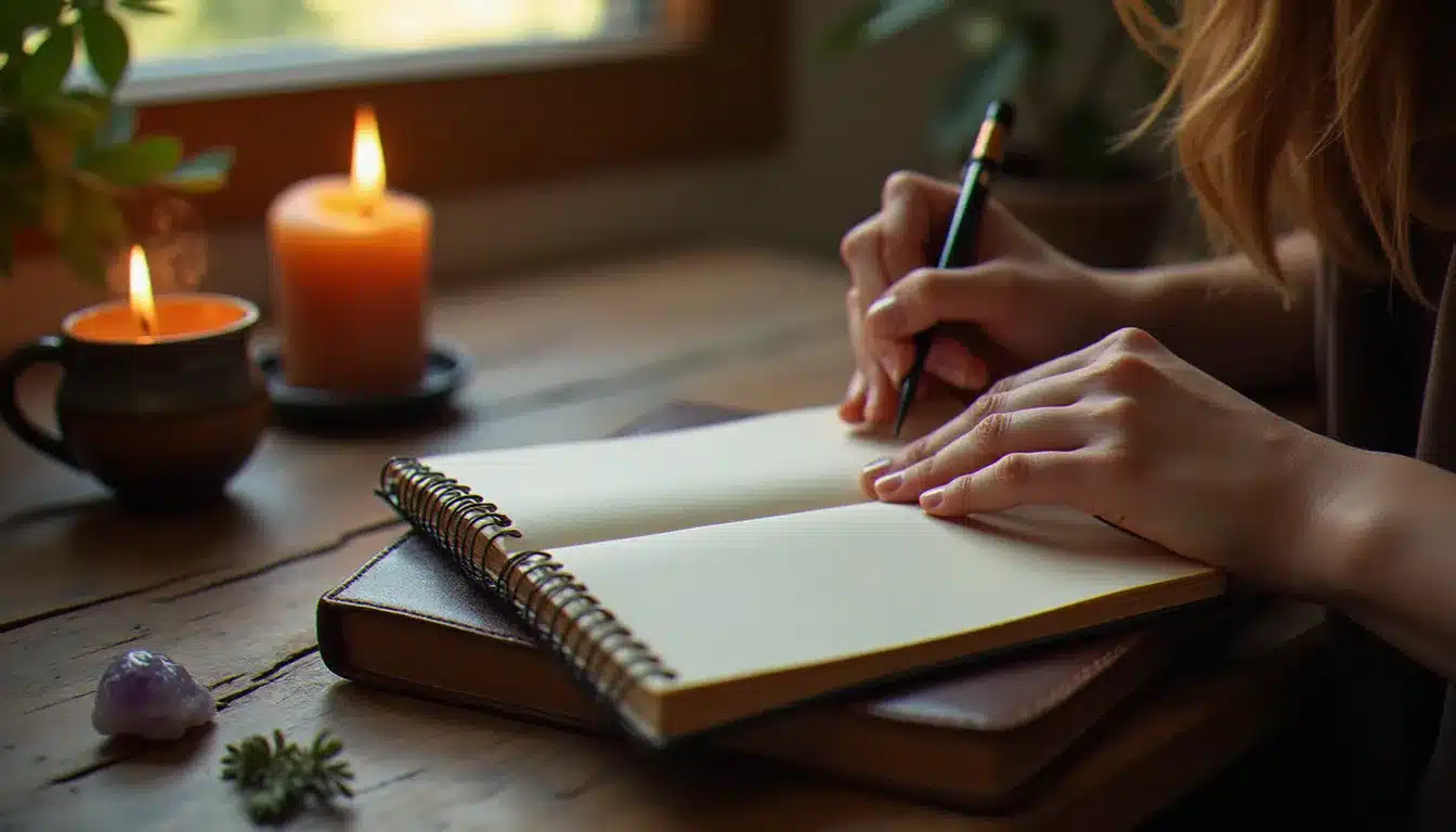 Femme écrivant dans un journal d'intention spirituelle lors d'un rituel matinal recommandé dans le cadre d'un accompagnement par un coach spirituel